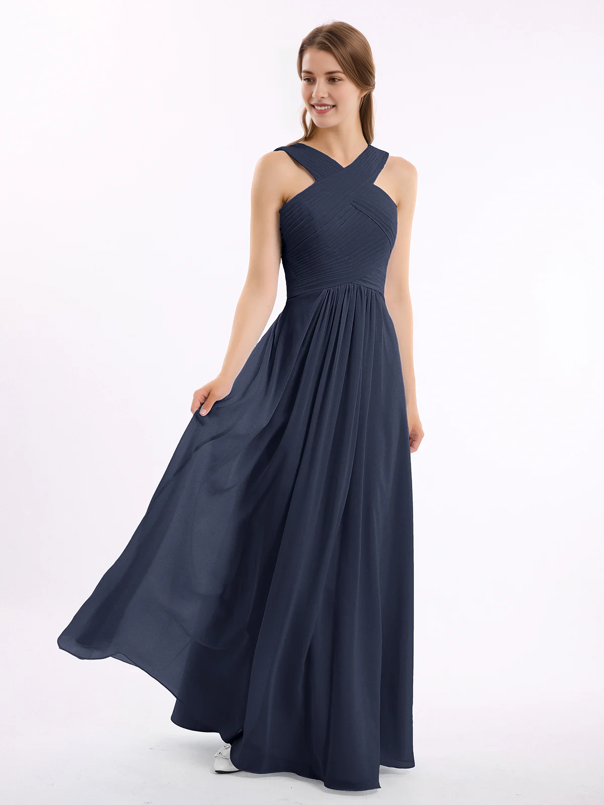 Crisscross Neck Pleated Bodice Flowy Chiffon A-Line Floor-Length Bridesmaid Evening Maxi Dress