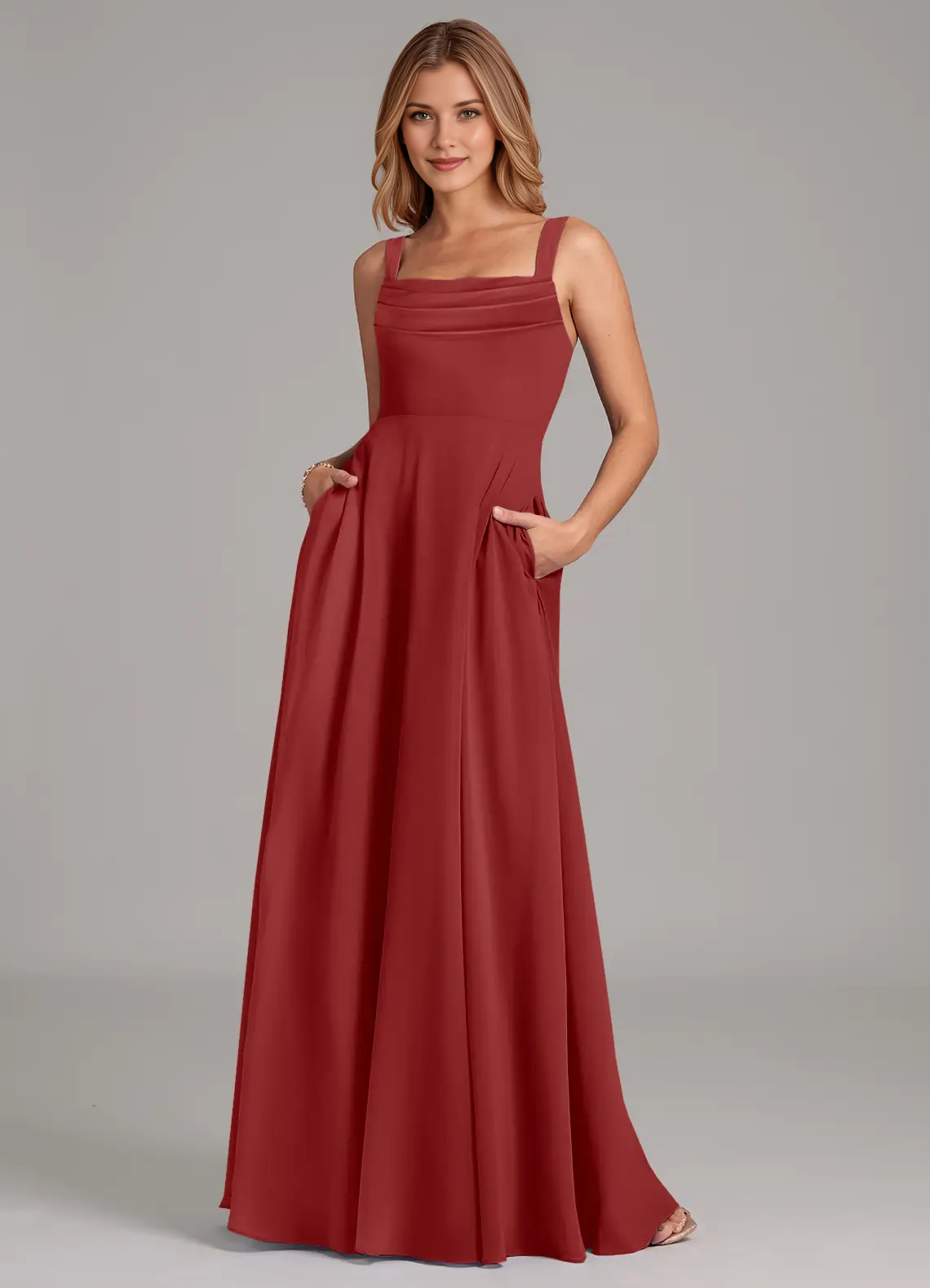 Square Neck Pleated Bodice Chiffon A-Line Floor-Length Bridesmaid Dress with Pockets