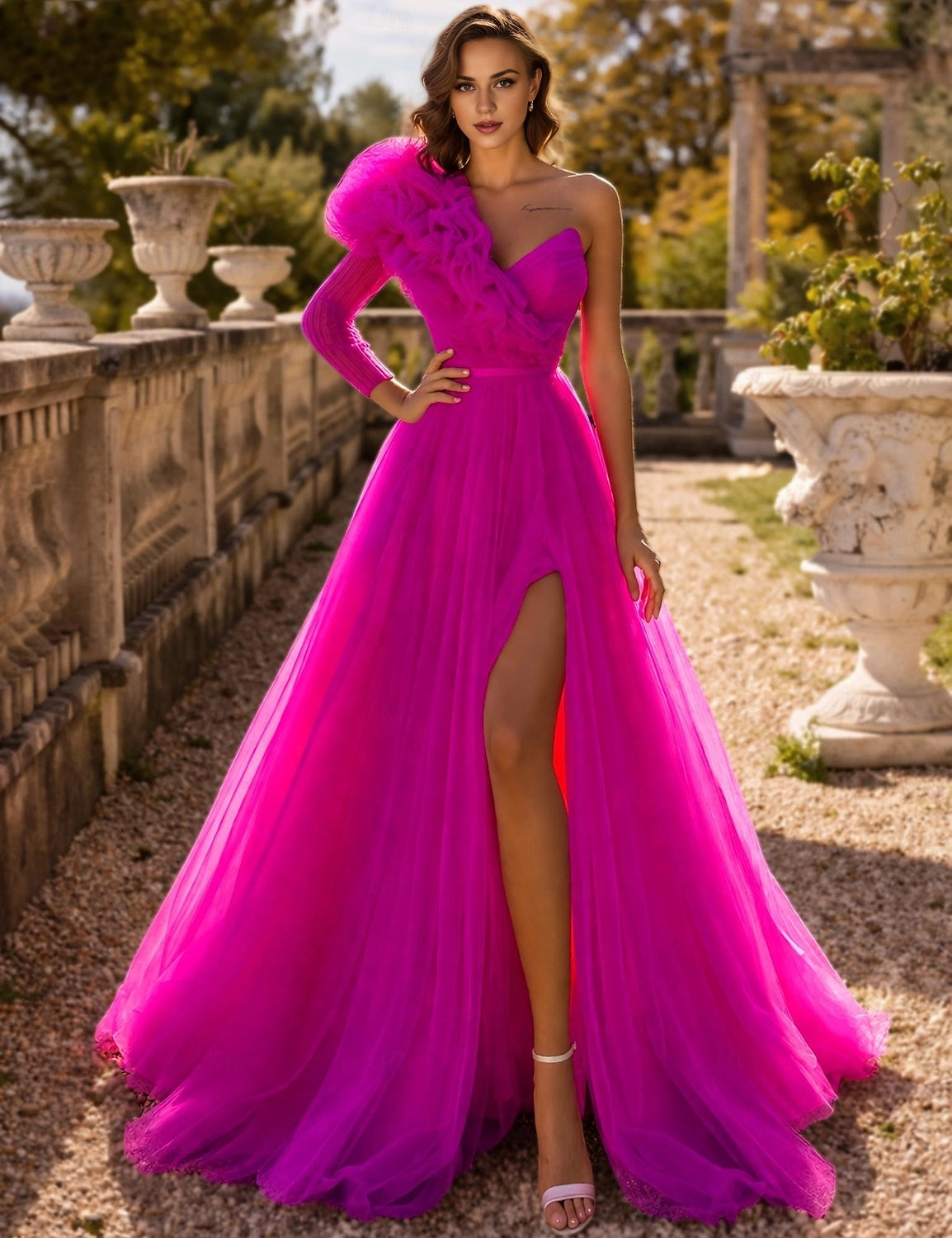 Vedress hot pink one shoulder floral tulle high slit floor length prom gown