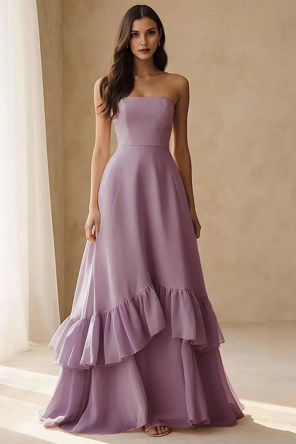 Strapless Tiered Ruffle Chiffon A-Line Formal Evening Gown