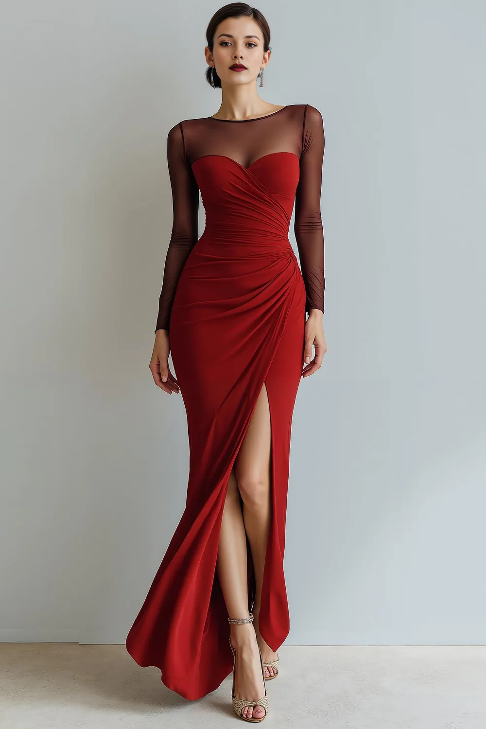 Long Sleeve Mesh Illusion Sweetheart Ruched Gown with Slit