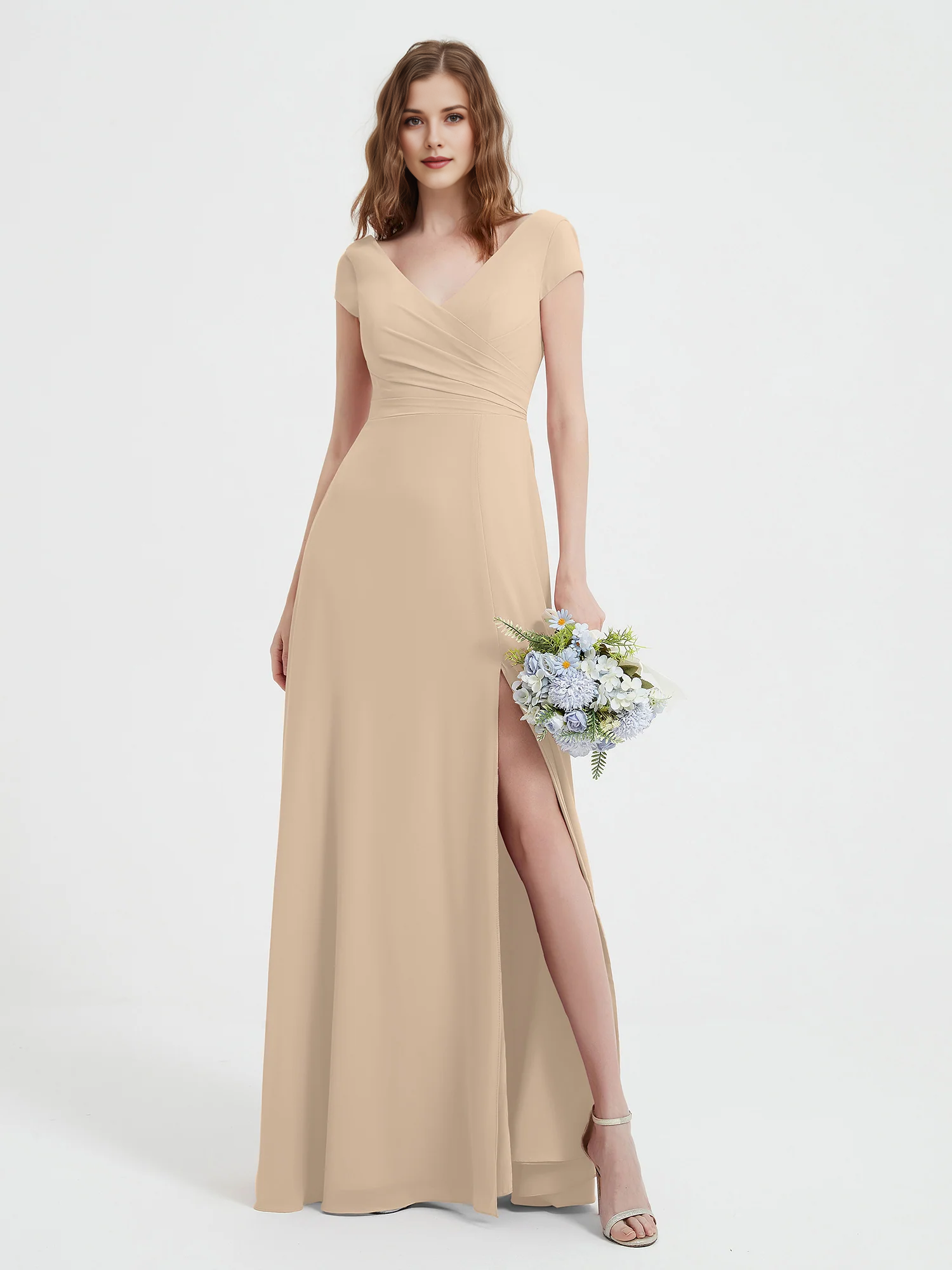 Cap Sleeve V-Neck Wrap Waist High Slit Chiffon Floor-Length Bridesmaid Evening Maxi Dress