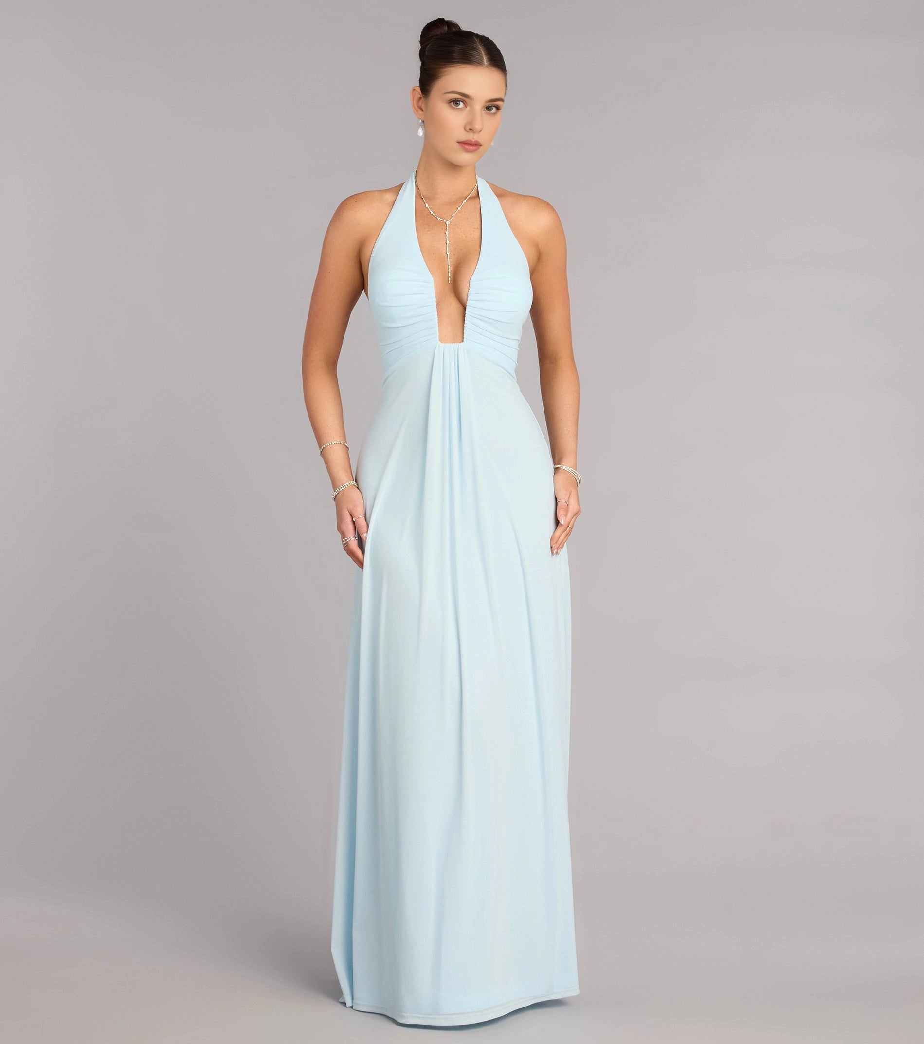 Sage Green A-Line Deep V Halter Tie Back Long Prom Dress