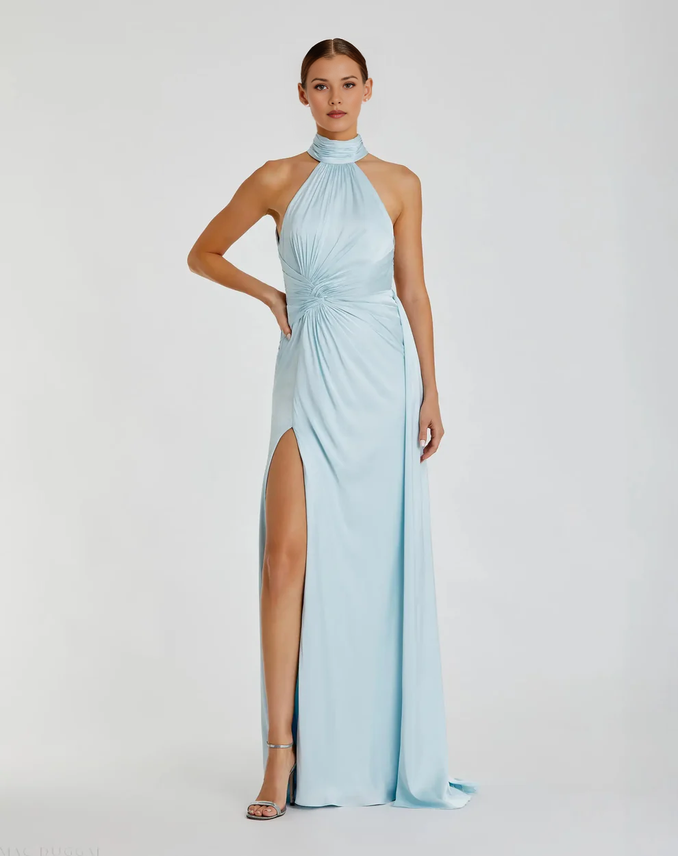 Halter Neck Twist Waist Satin Gown with Open Back & High Slit
