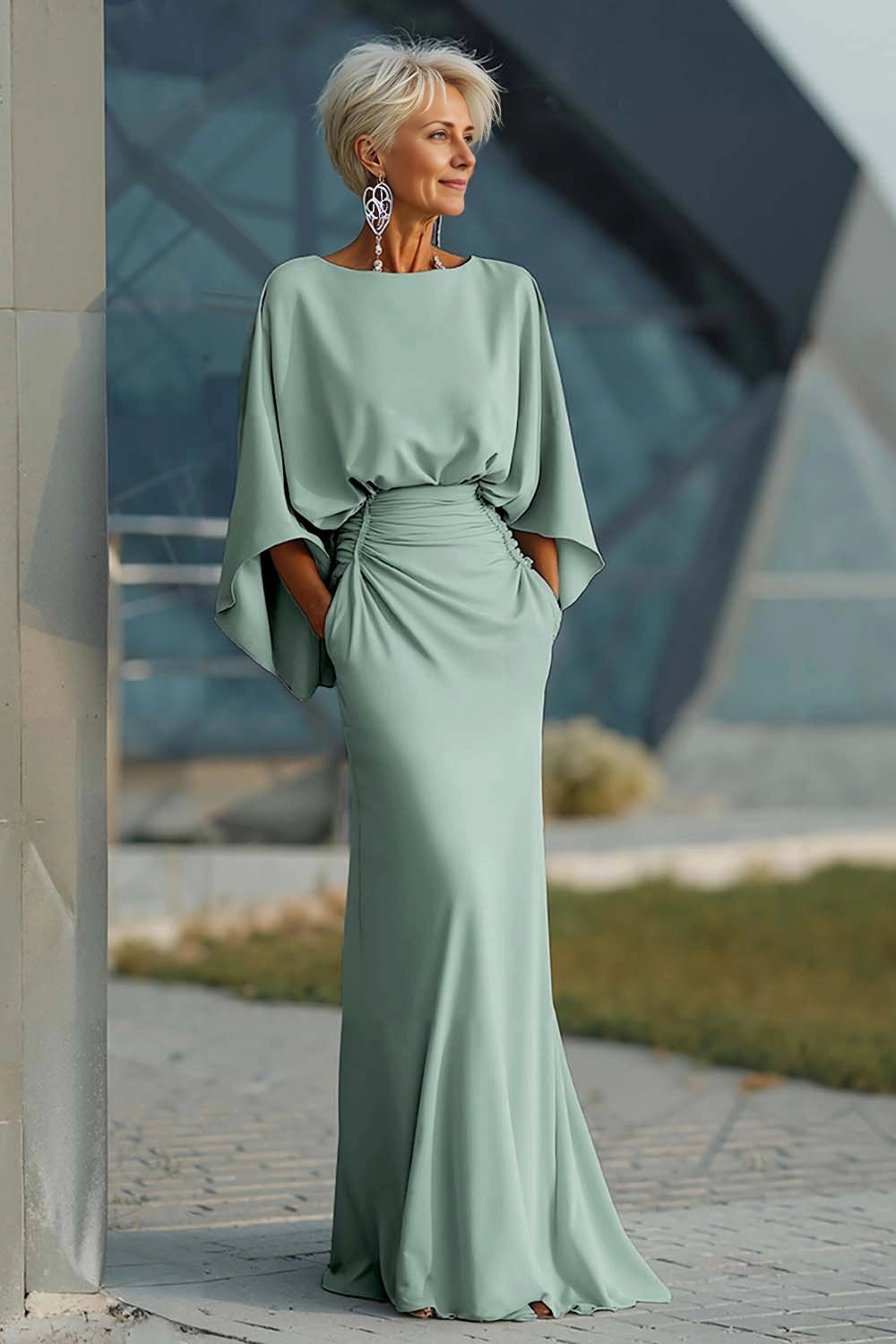Satin Mermaid Boat Neck Dolman Deep V Back Maxi Wedding Guest Dress