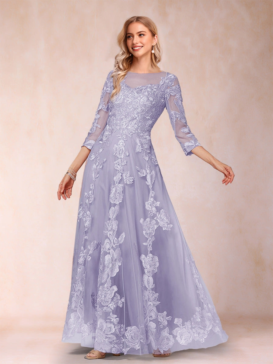 Romantic A‑Line Illusion Round‑Neck 3/4‑Sleeve Keyhole‑Zip‑Back Floor‑Length Mother Of The Bride Dress