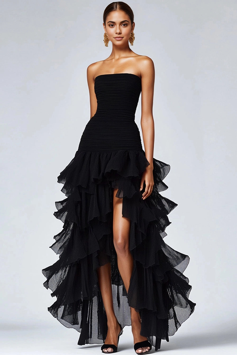 Vedress black strapless long prom dress smocked tiered high slit high low mesh evening gown