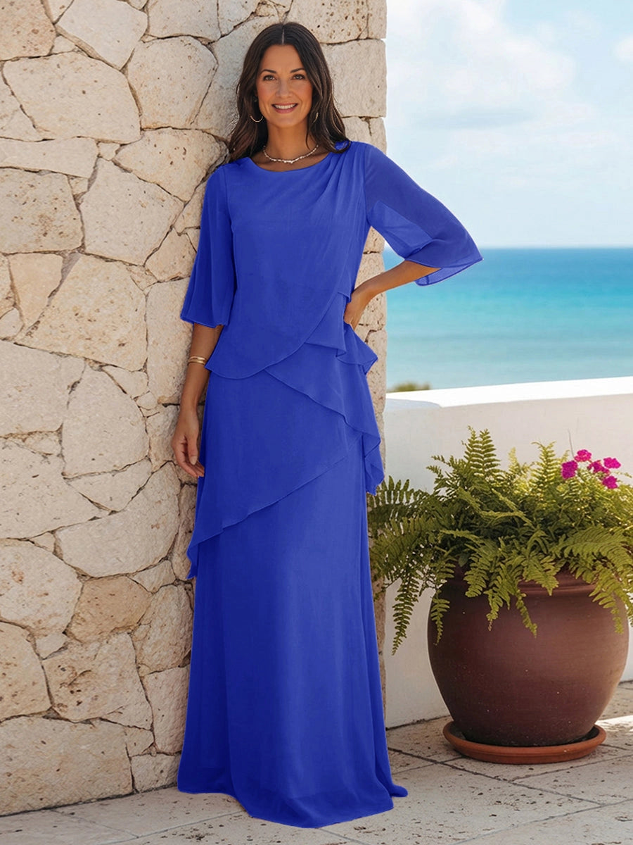 Elegant Pink A‑Line Round Neck Bell‑Sleeve Zip‑Back Floor‑Length Mother‑of‑the‑Bride Dress