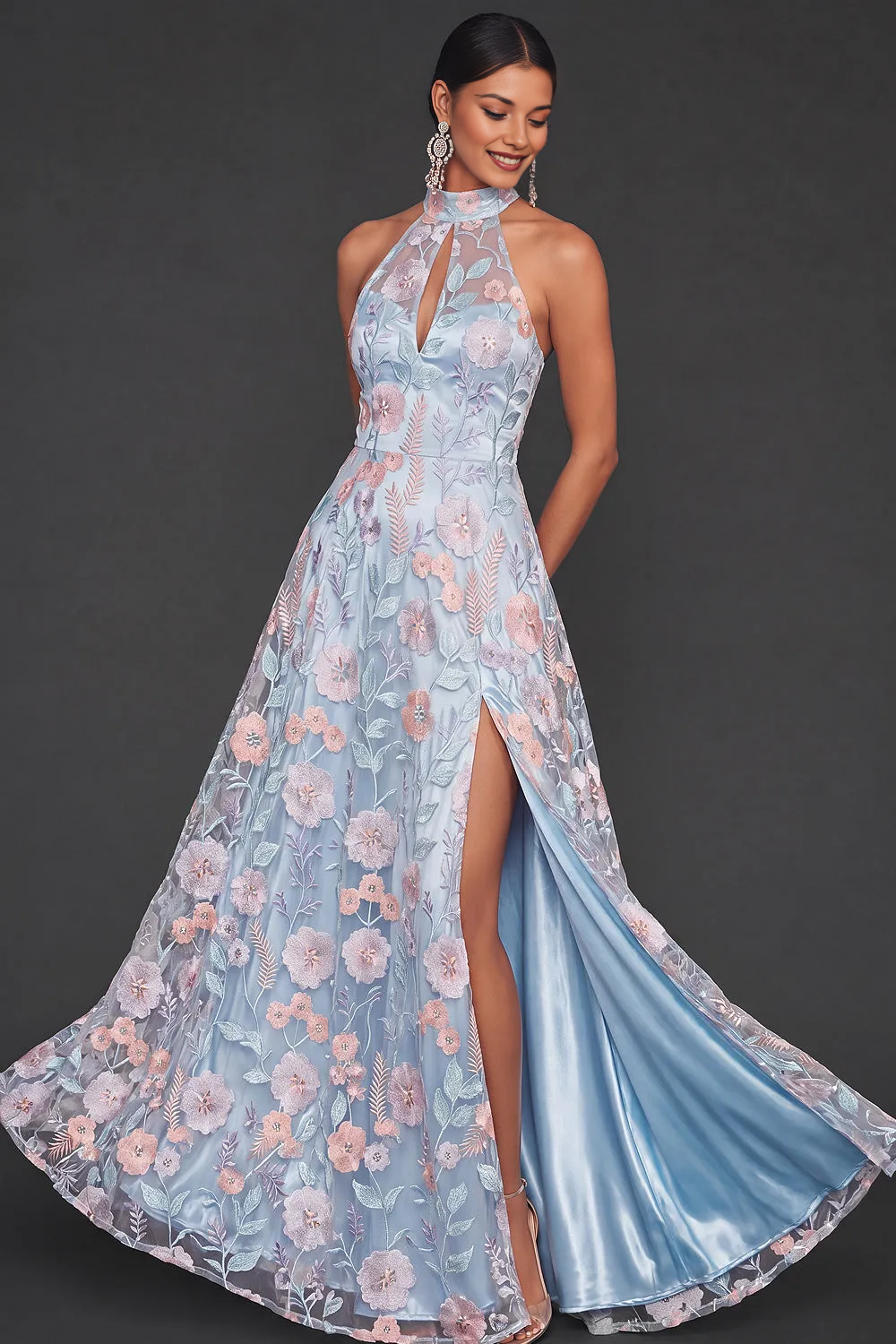 Halter Neck Floral Embroidery Tulle A-Line Gown with Keyhole Cutout & High Slit