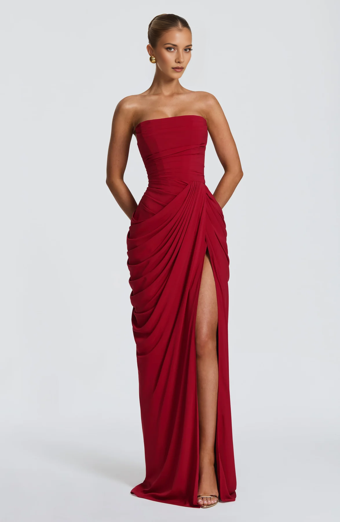 Light Blue Asymmetrical Strapless Draped High-Slit Lace-up Maxi Dress - Corset Back Formal Evening Gown