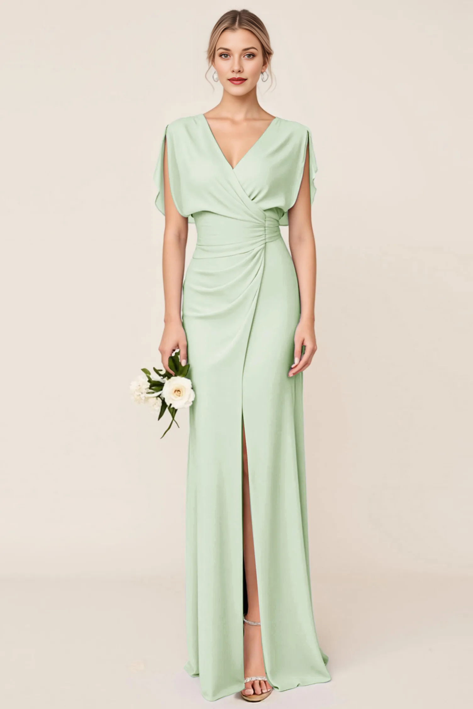 V-Neck Draped Sleeve Chiffon Bridesmaid Dress with Ruched Waist & Slit