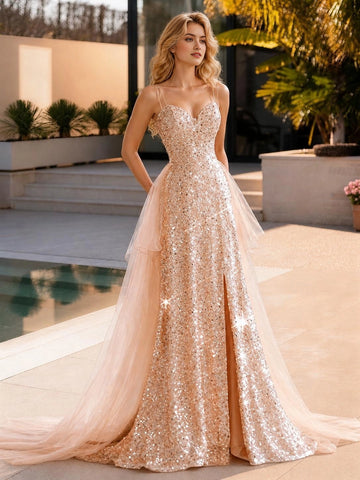 Vedress champagne gold sequin mermaid prom dress spaghetti strap high slit gown front view backyard pool sunset