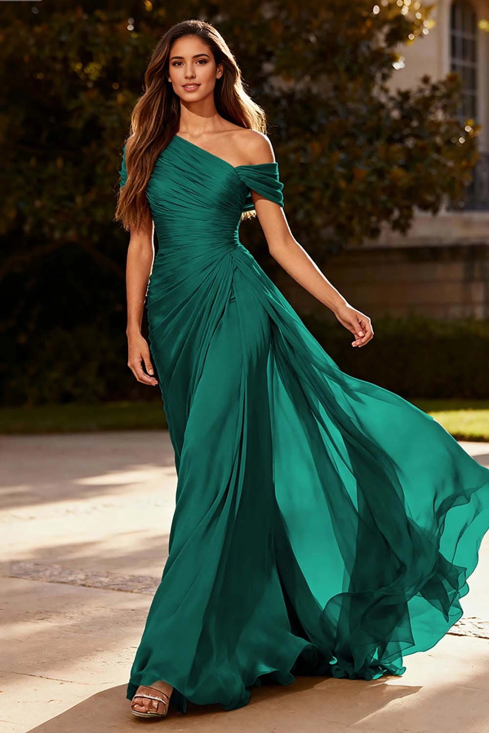 Flowy A-Line One Shoulder Off Shoulder Ruched Back Zip Maxi Wedding Guest Dress