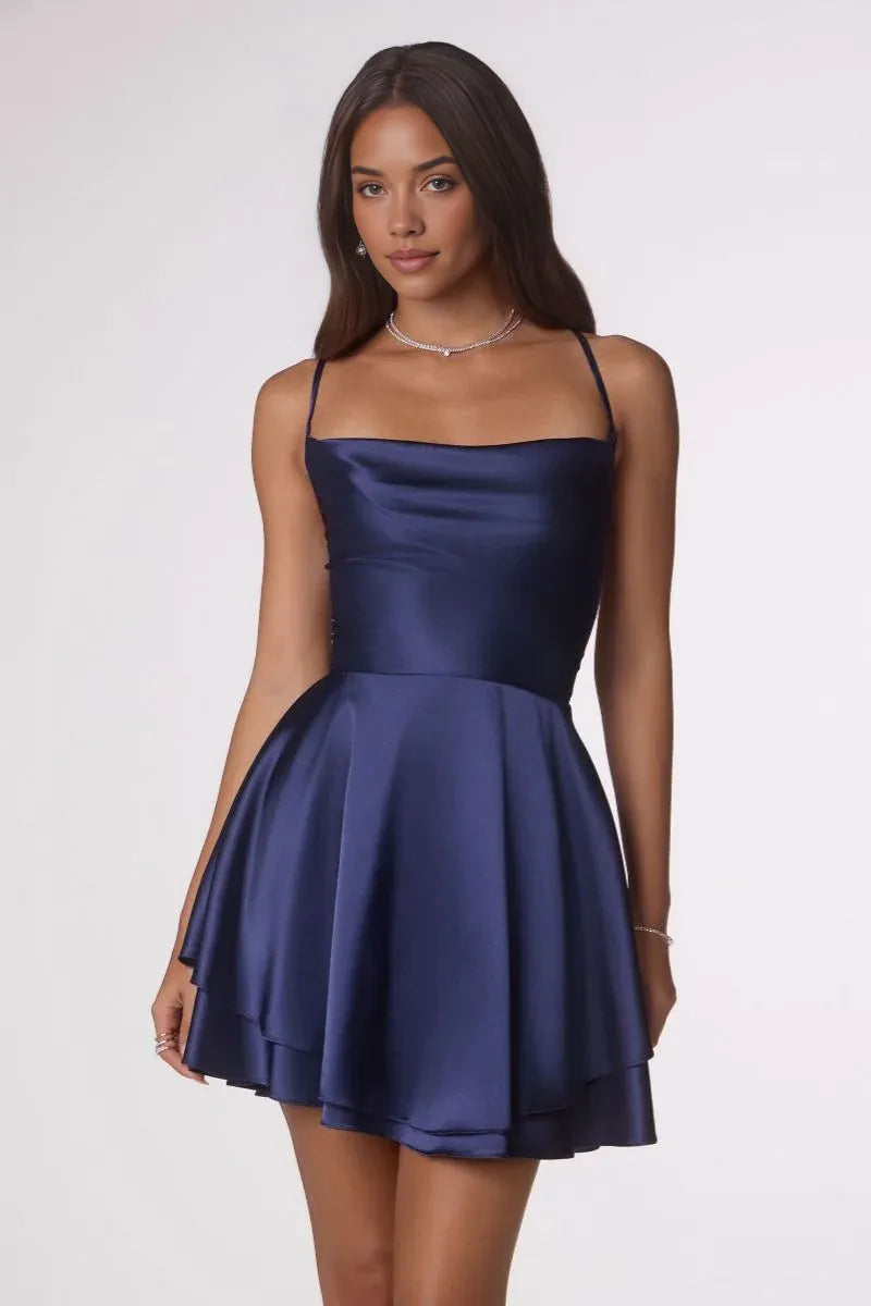 Satin Spaghetti Strap Draped Neckline Sleeveless Structured Bodice Tiered Flare Mini Homecoming Dress