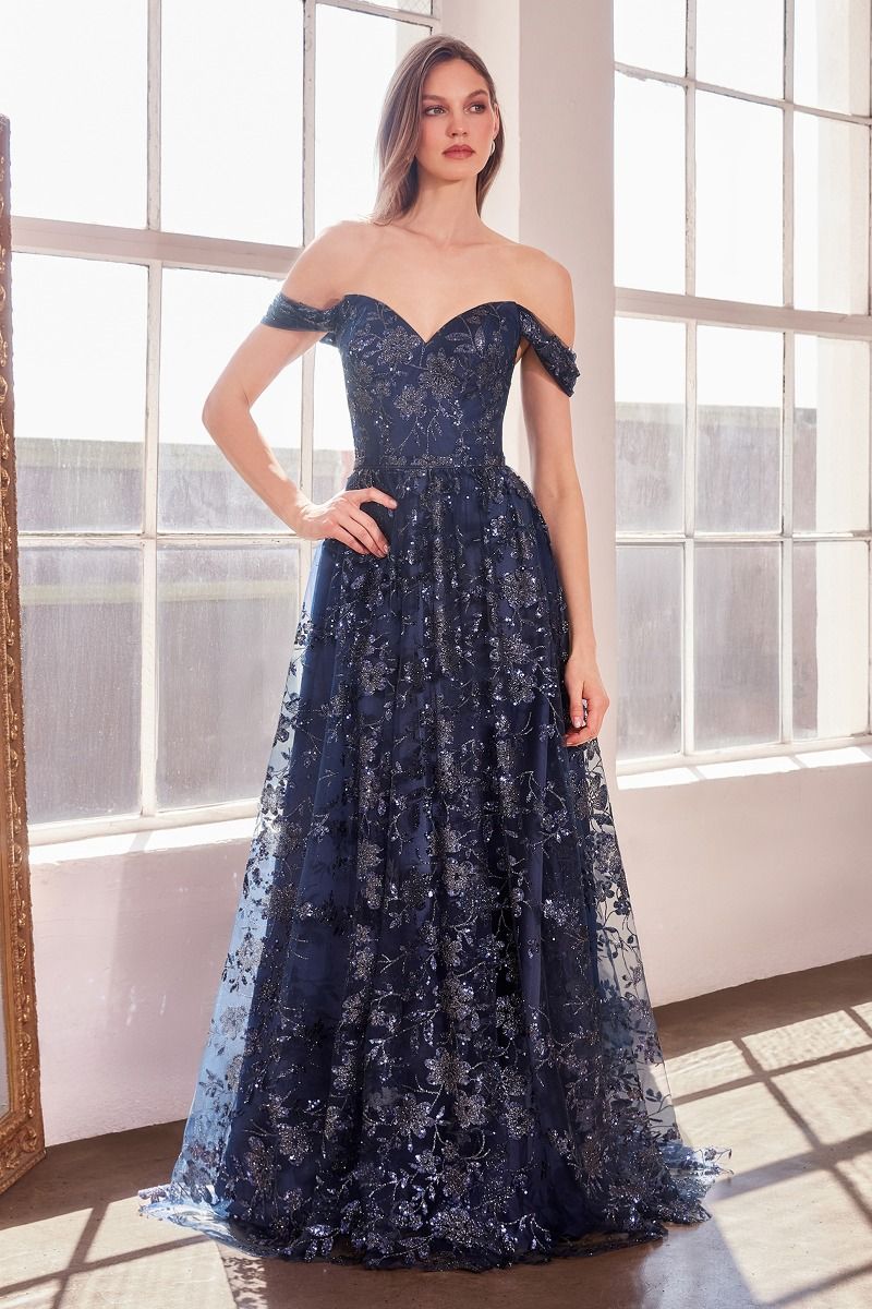 Floral Sequin Off-the-Shoulder Ball Gown - Deep V Formal Prom & Wedding Guest Dress