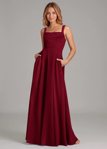 Square Neck Pleated Bodice Chiffon A-Line Floor-Length Bridesmaid Dress with Pockets