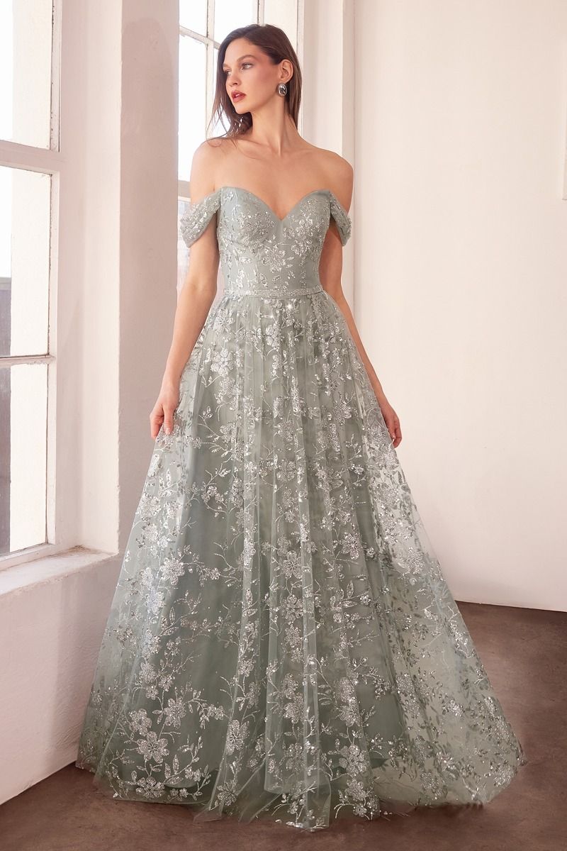 Floral Sequin Off-the-Shoulder Ball Gown - Deep V Formal Prom & Wedding Guest Dress