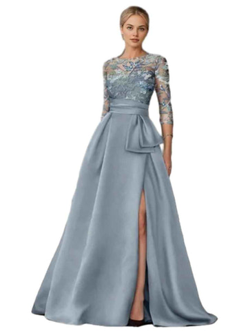 Embroidered Satin Evening Gown 3/4 Sleeve A-Line Formal Dress with Slit