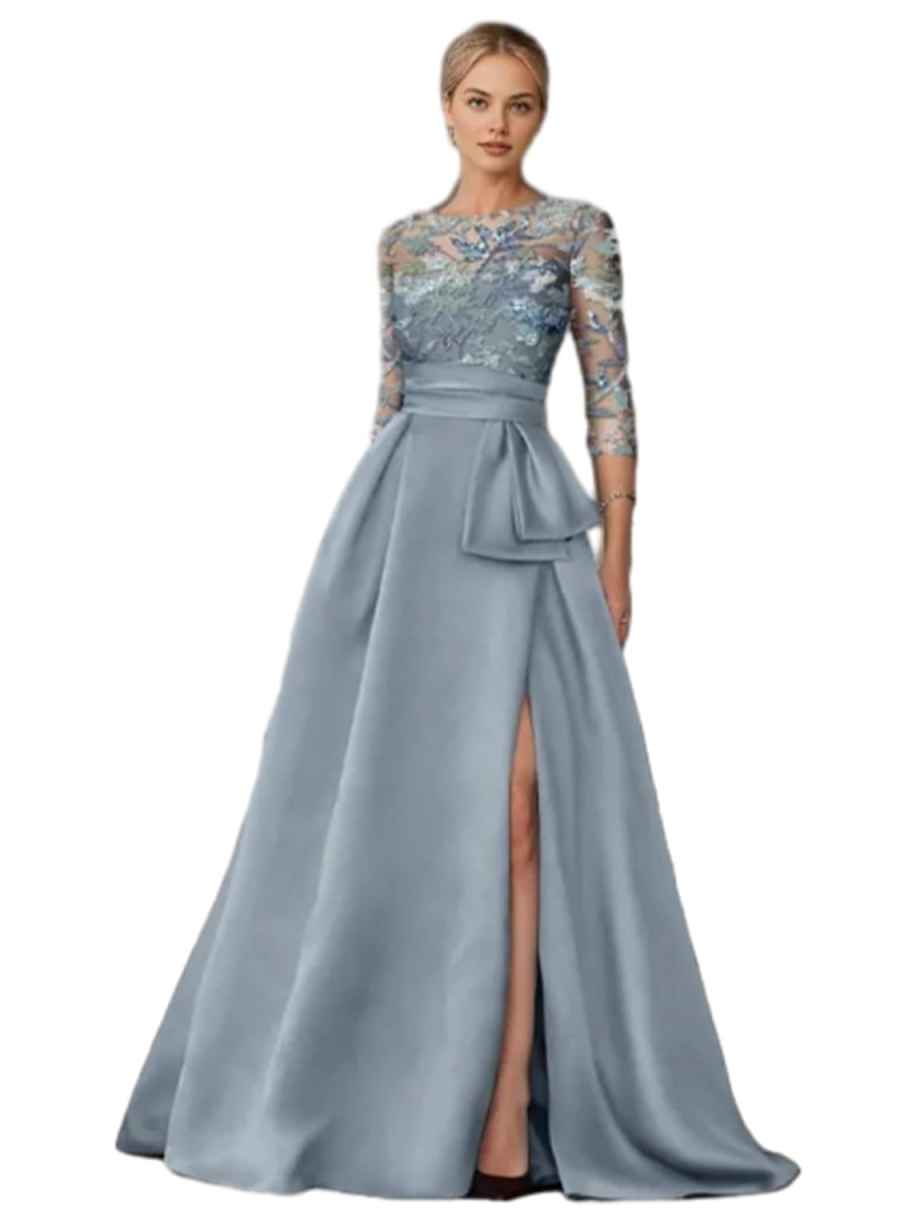 Embroidered Satin Evening Gown 3/4 Sleeve A-Line Formal Dress with Slit