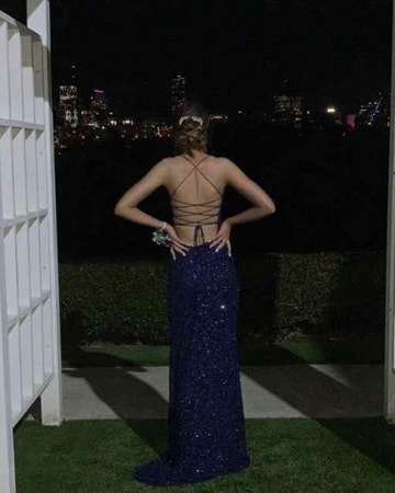 Navy Blue Sequin Mermaid Prom Dress with Lace-Up Open Back & Slit Homecoming Dress