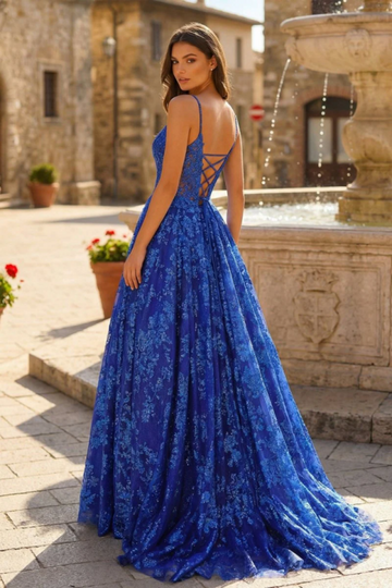 Lace Prom Dress Spaghetti Straps V Neck Criss Cross Back Evening Gown With Train