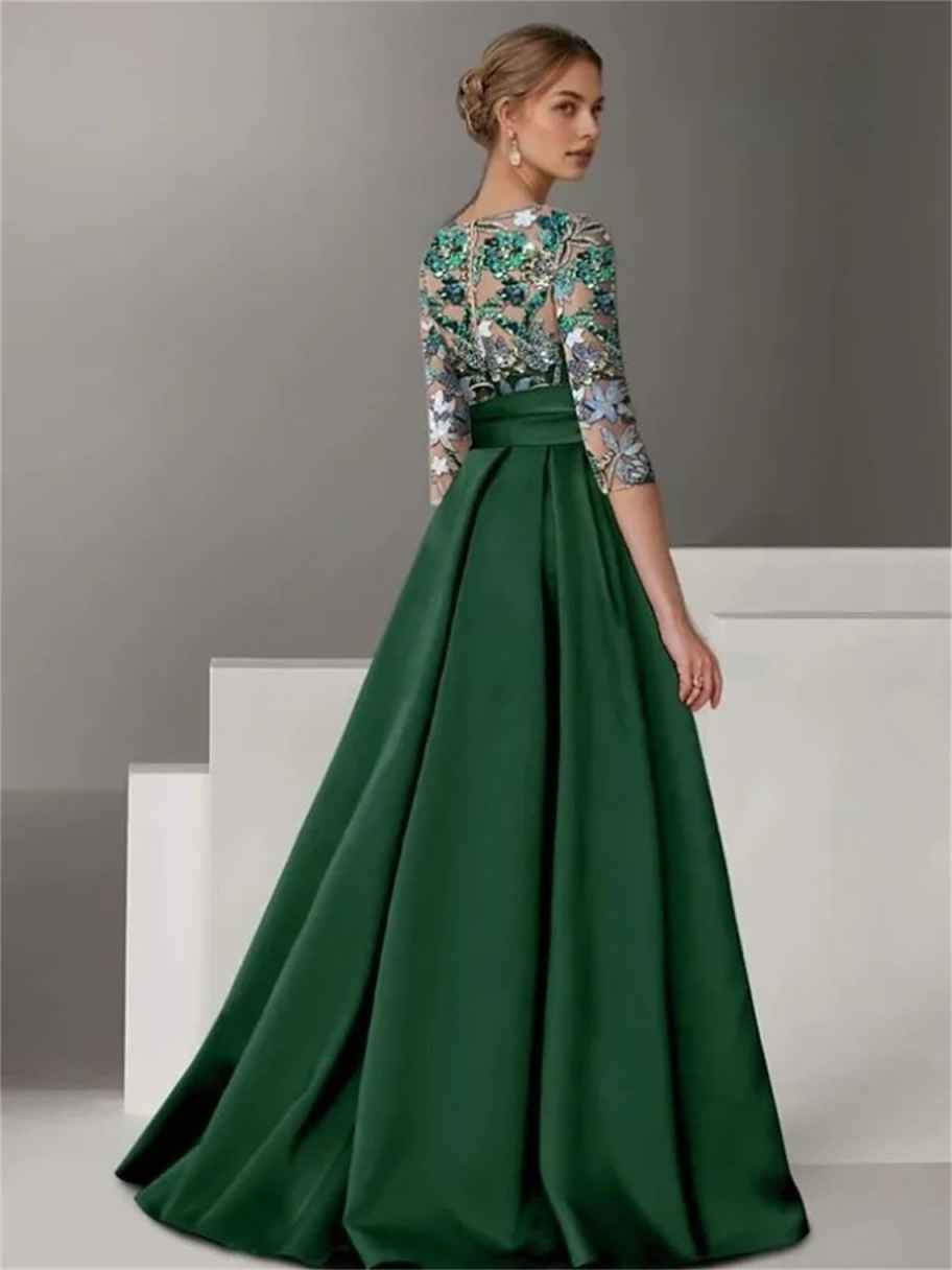 Embroidered Satin Evening Gown 3/4 Sleeve A-Line Formal Dress with Slit