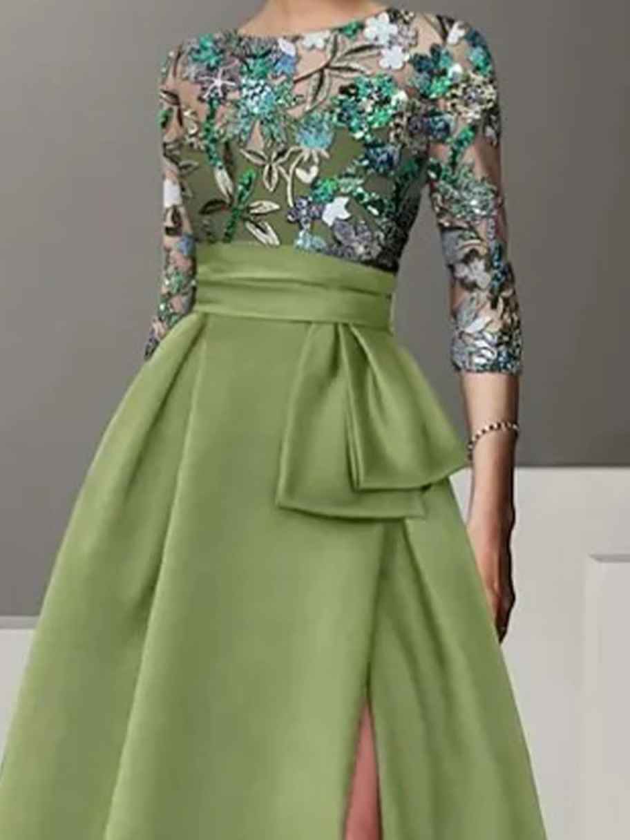 Embroidered Satin Evening Gown 3/4 Sleeve A-Line Formal Dress with Slit