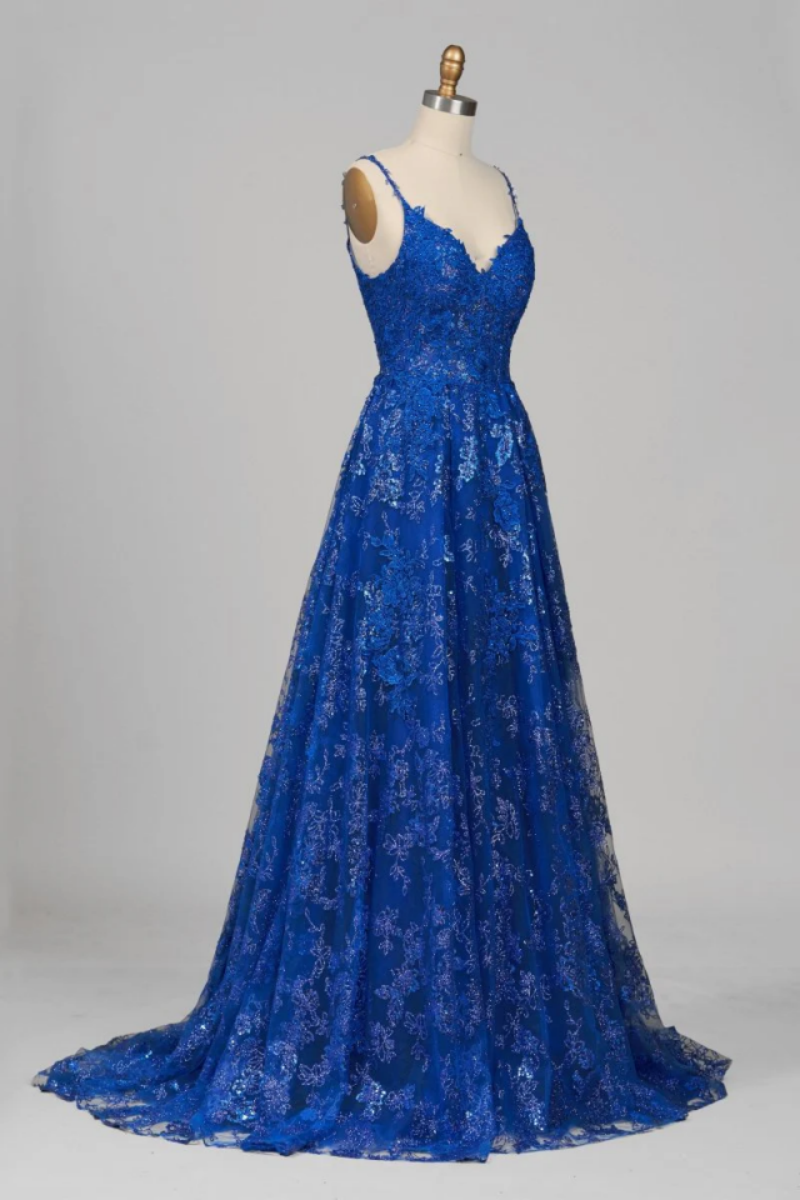 Lace Prom Dress Spaghetti Straps V Neck Criss Cross Back Evening Gown With Train