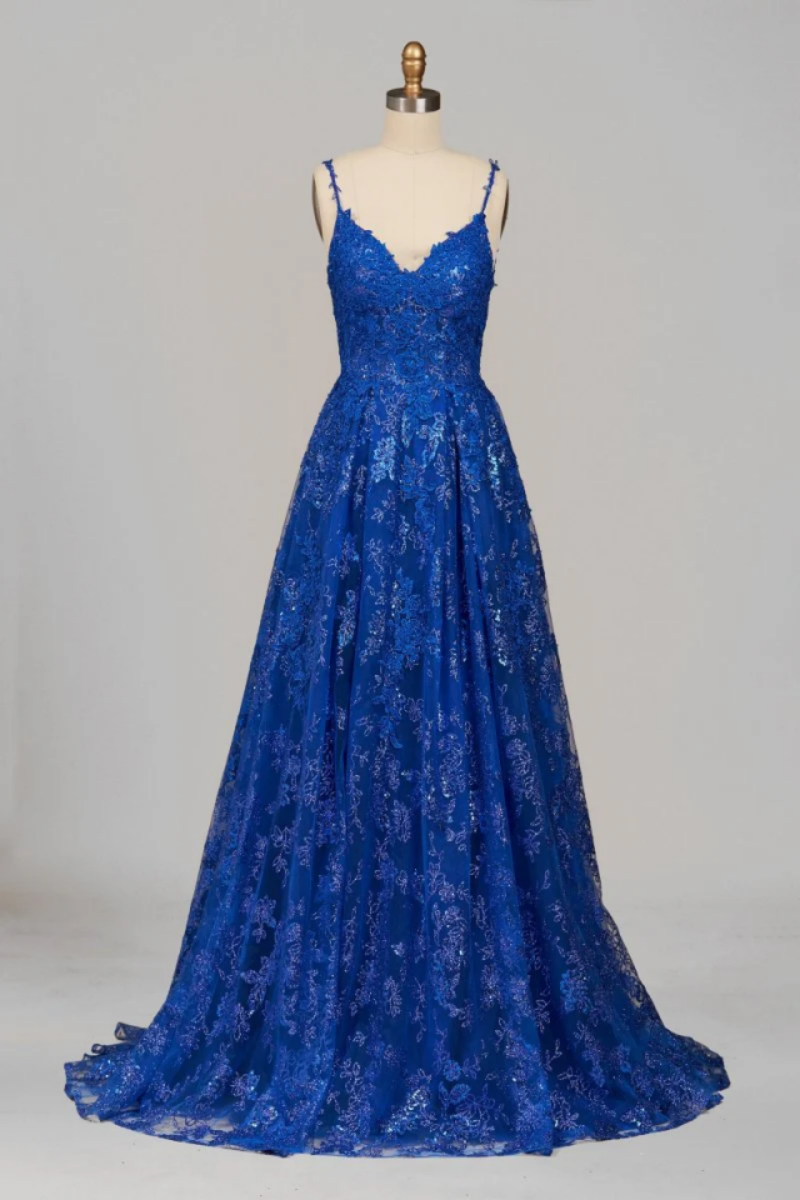 Lace Prom Dress Spaghetti Straps V Neck Criss Cross Back Evening Gown With Train