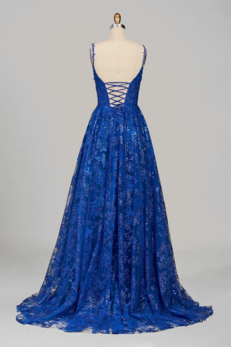 Lace Prom Dress Spaghetti Straps V Neck Criss Cross Back Evening Gown With Train