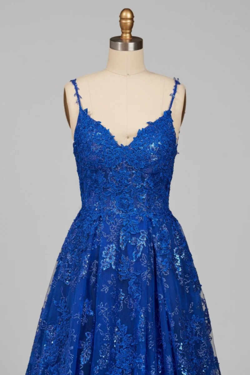 Lace Prom Dress Spaghetti Straps V Neck Criss Cross Back Evening Gown With Train