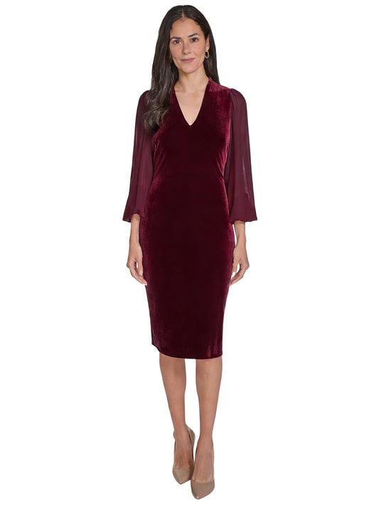 Women's V-Neck Long Sleeve Velvet Maxi Dress with Sheer Chiffon Sleeves Mother of the Bride Dress Evening Gown