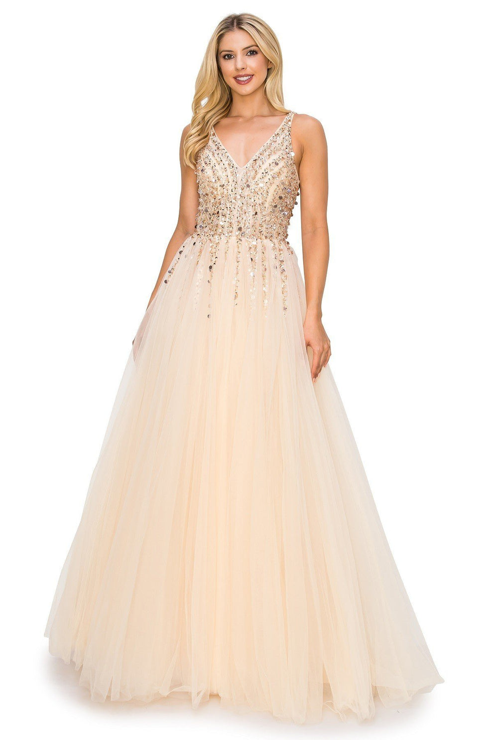 Luxury Champagne Beaded Tulle A-Line Gown V-Neck Beaded Bodice Formal Evening & Wedding Reception Dress