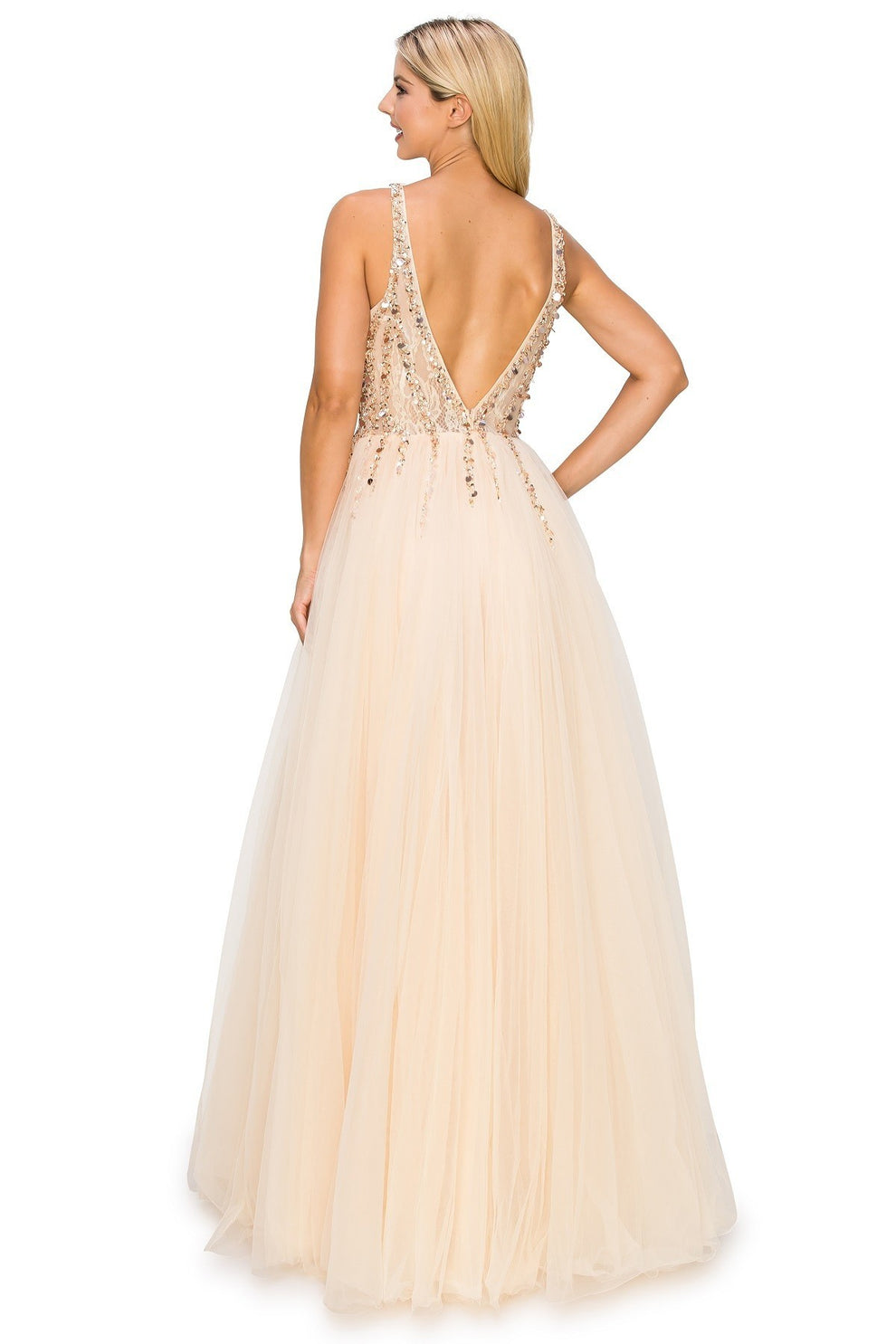 Luxury Champagne Beaded Tulle A-Line Gown V-Neck Beaded Bodice Formal Evening & Wedding Reception Dress