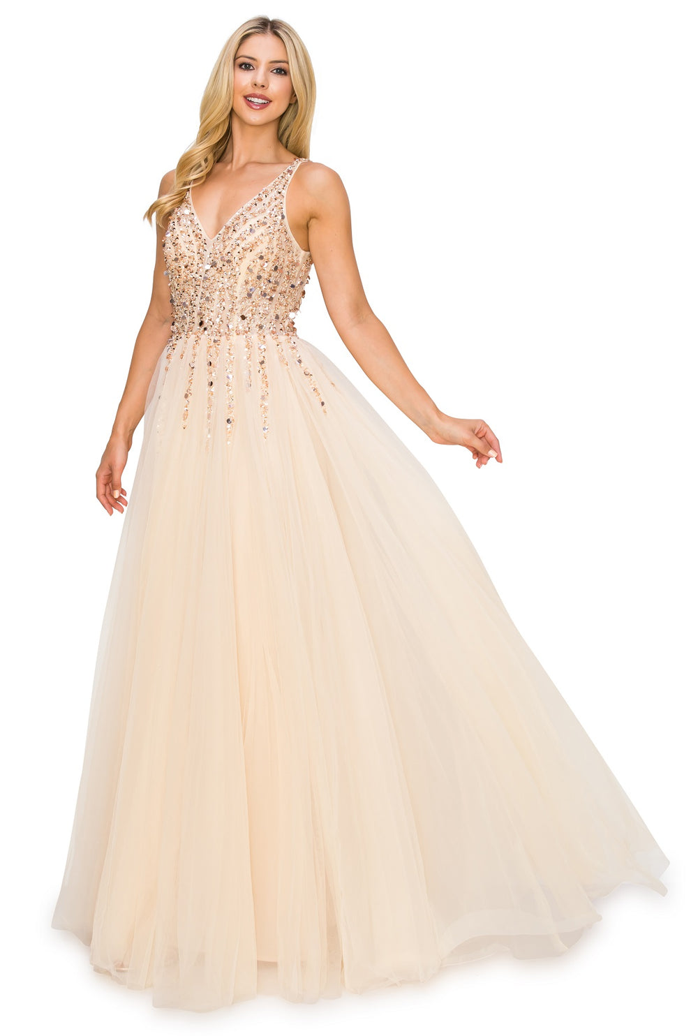 Luxury Champagne Beaded Tulle A-Line Gown V-Neck Beaded Bodice Formal Evening & Wedding Reception Dress