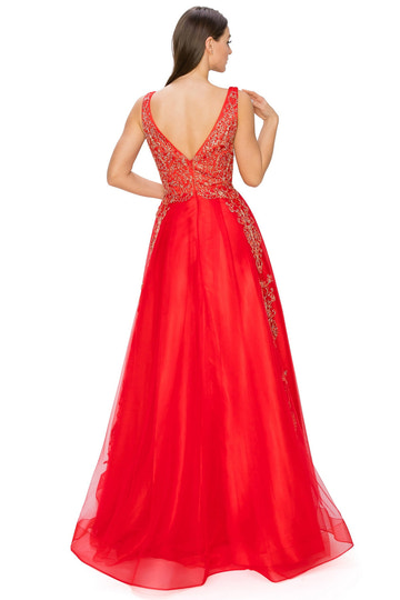 Tulle Wedding Guest Gown Sleeveless V-Neck Gold Embroidery A-Line Bridesmaid & Reception Dress