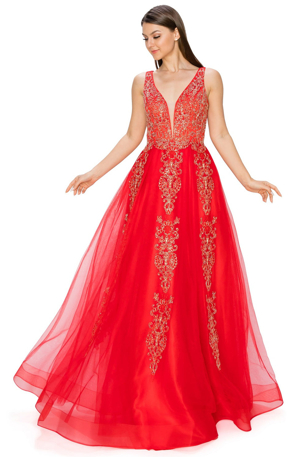 Tulle Wedding Guest Gown Sleeveless V-Neck Gold Embroidery A-Line Bridesmaid & Reception Dress