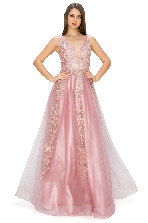 Tulle Wedding Guest Gown Sleeveless V-Neck Gold Embroidery A-Line Bridesmaid & Reception Dress