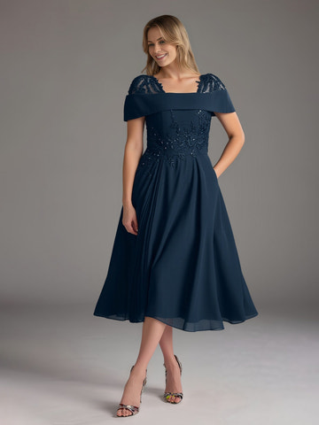 Elegant Navy Blue Lace Applique Chiffon Midi Dress – Formal Mother of the Bride Gown