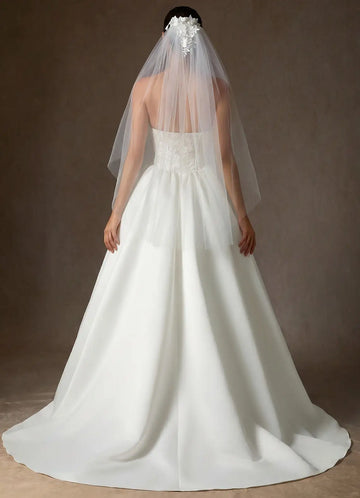 Romantic Sheer Tulle Floral Accent Two-Tier Waist Length Bridal Wedding Veil