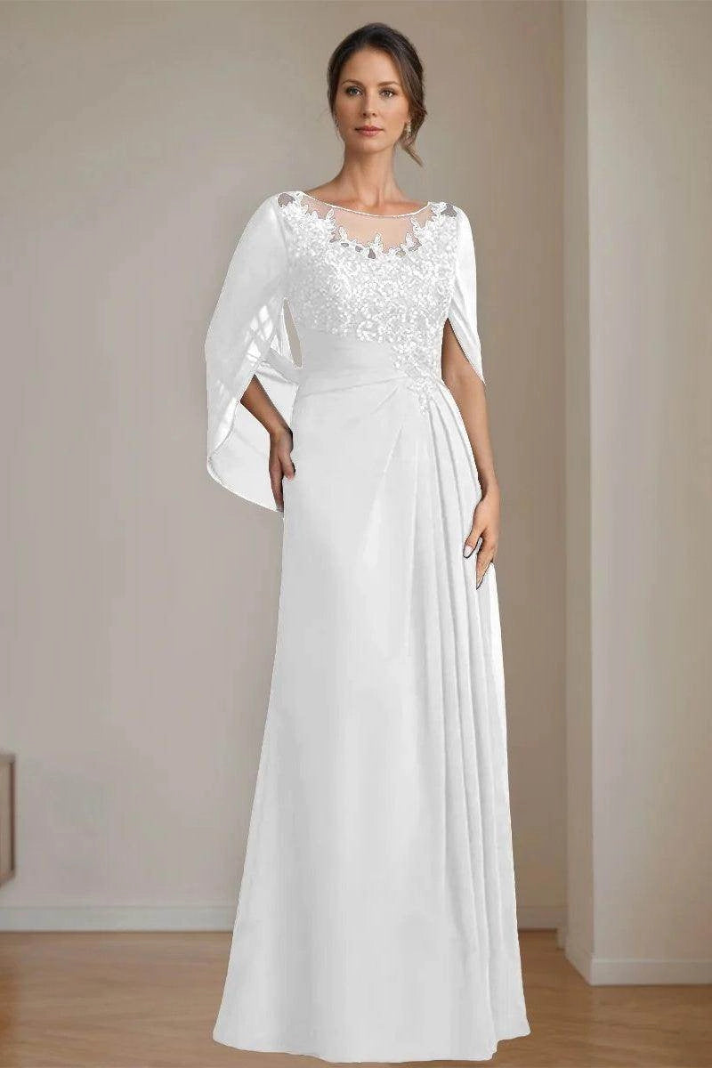 Modest A-Line Bateau Cape Sleeve Zip Back Floor Length Mother Of The Bride Dress