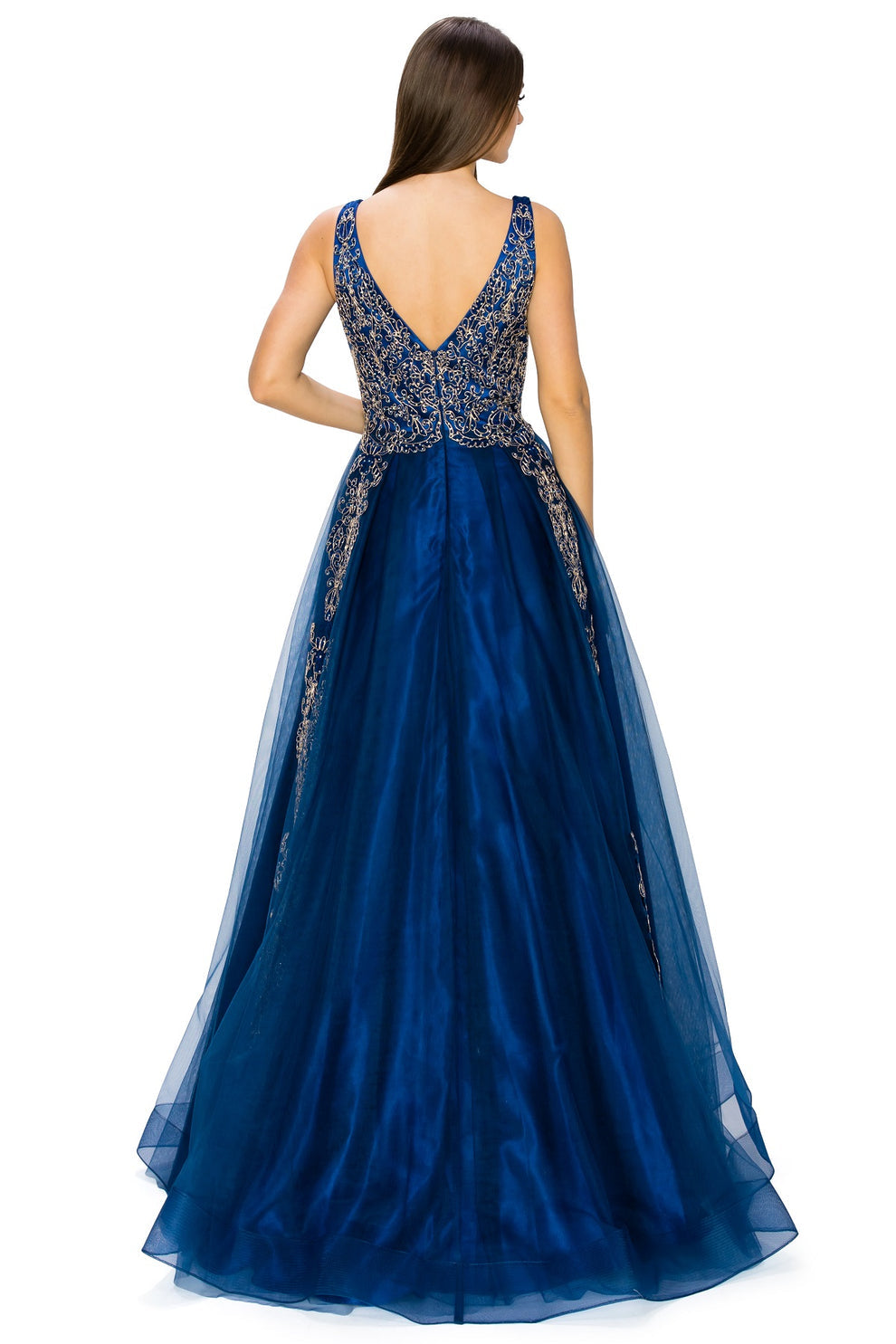 Navy Blue Tulle A-Line Gown Sleeveless V-Neck Gold Embroidery Formal Prom & Wedding Guest Dress