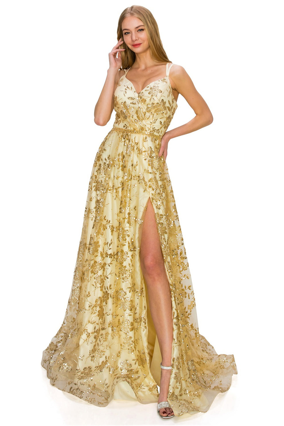 Vestido de noche largo de tul con lentejuelas dorado champán, corte en A, tirantes finos, escote corazón, cintura con cuentas, abertura alta, para fiesta de graduación y como invitada de boda