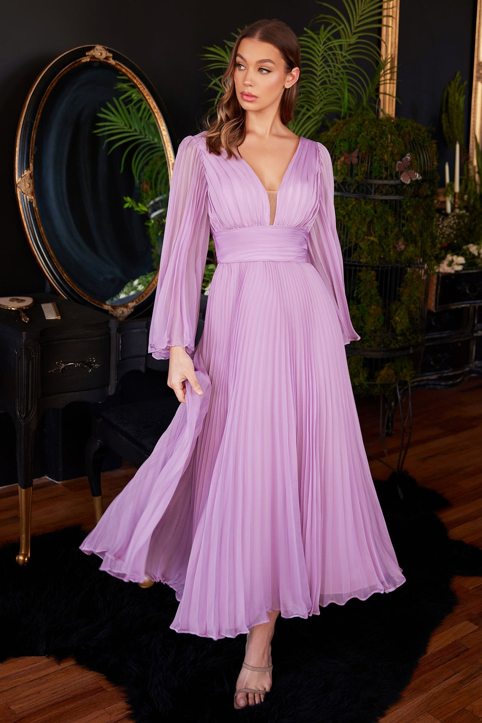 Vintage Pleated Chiffon Maxi Dress Long Flare Sleeve V-Neck Fitted Waist Cocktail & Wedding Reception Dress