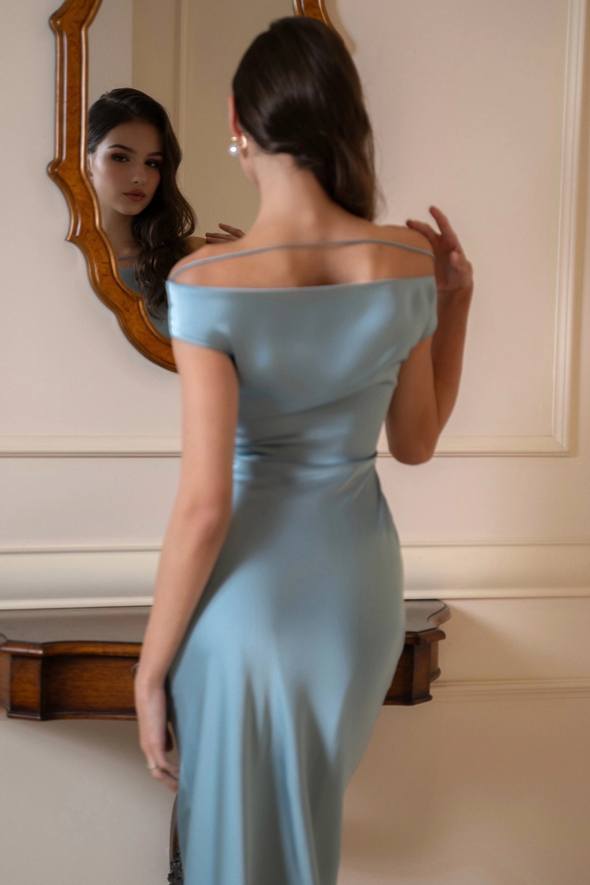 Satin Mermaid Off‑Shoulder Strap Short Sleeve Open‑Back Maxi Prom Dress