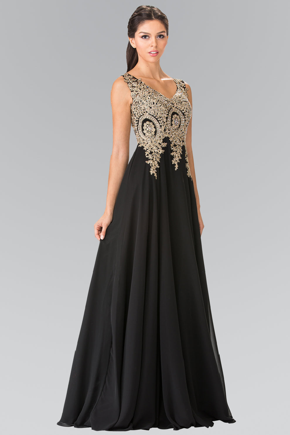 Chiffon A-Line Gown Sleeveless V-Neck Gold Beaded Embroidery Formal Prom & Wedding Guest Dress
