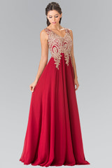 Chiffon A-Line Gown Sleeveless V-Neck Gold Beaded Embroidery Formal Prom & Wedding Guest Dress