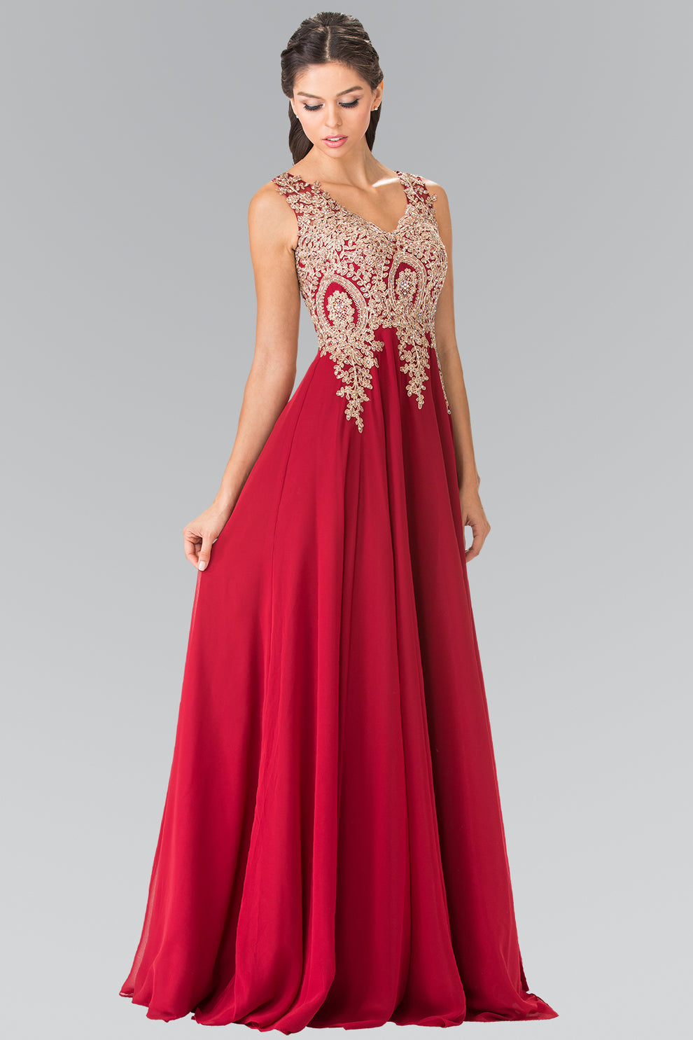 Chiffon A-Line Gown Sleeveless V-Neck Gold Beaded Embroidery Formal Prom & Wedding Guest Dress
