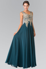 Chiffon A-Line Gown Sleeveless V-Neck Gold Beaded Embroidery Formal Prom & Wedding Guest Dress