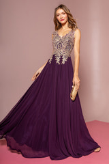 Chiffon A-Line Gown Sleeveless V-Neck Gold Beaded Embroidery Formal Prom & Wedding Guest Dress